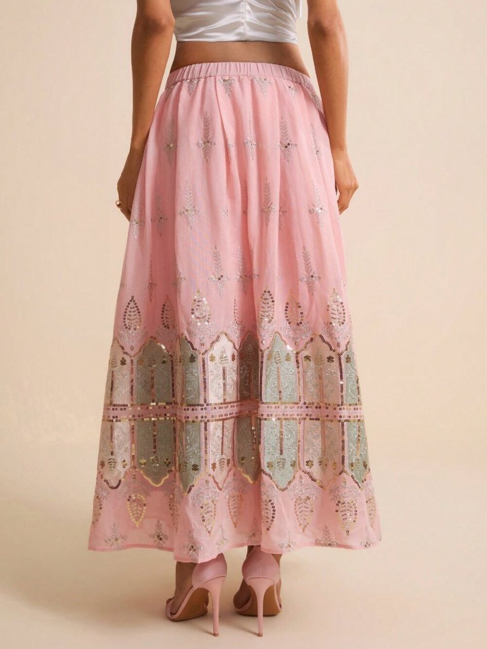 Pink Elegant Women's Chiffon Maxi Skirt With Bead And Thread Embroidery - Picture 2 of 6